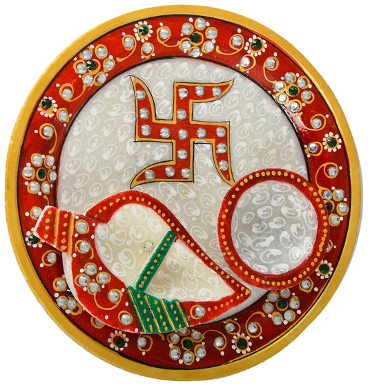 RajasthaniDuniyaa Handmade Jaipur Meenakari Marble Pooja Thali Set – 6-Inch Round Multicolor Plate with Intricate Kundan & Gold Leaf Work