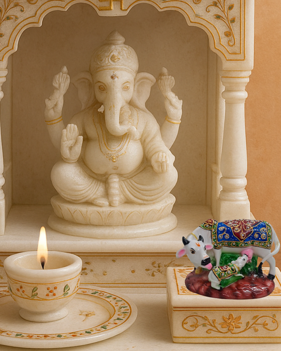 7" White Resin Kamdhenu Cow & Calf Idol with Decorative Carpet | Elegant Pooja Décor