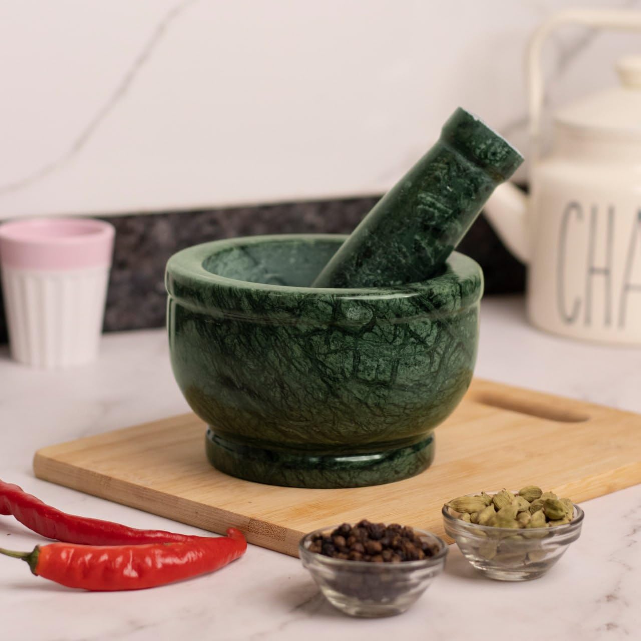 "Rajasthaniduniyaa Traditional Green Marble Mortar & Pestle Set (5-Inch Diameter, 3-Inch Height) – Handcrafted Makrana Marble | Kitchen Grinding & Ayurvedic Use"