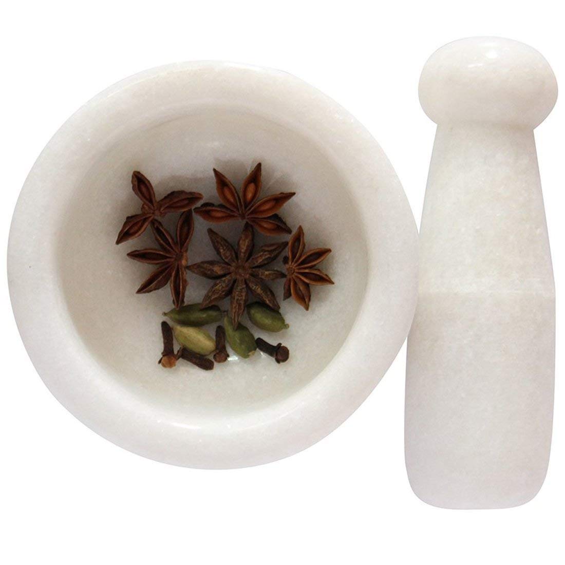 RajasthaniDuniyaa Natural White Marble Mortar and Pestle Set – Traditional Kharal/Imam Dasta for Spices & Herbs (4x4 inches)