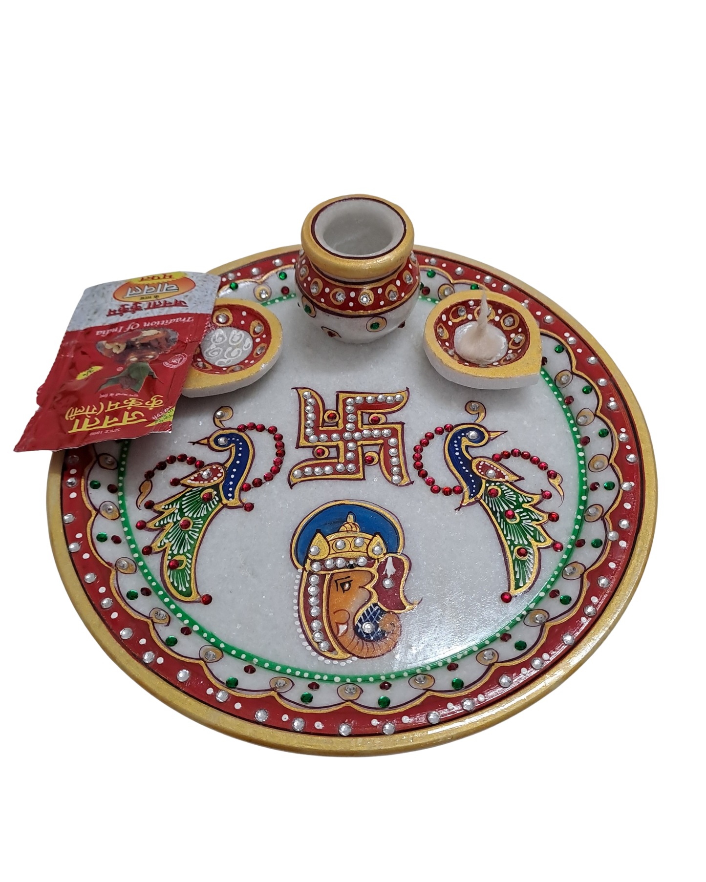9" Marble Pooja Thali – Ganesha, Peacock & Swastik Motif | Handcrafted Elegance | Rajasthani Duniyaa