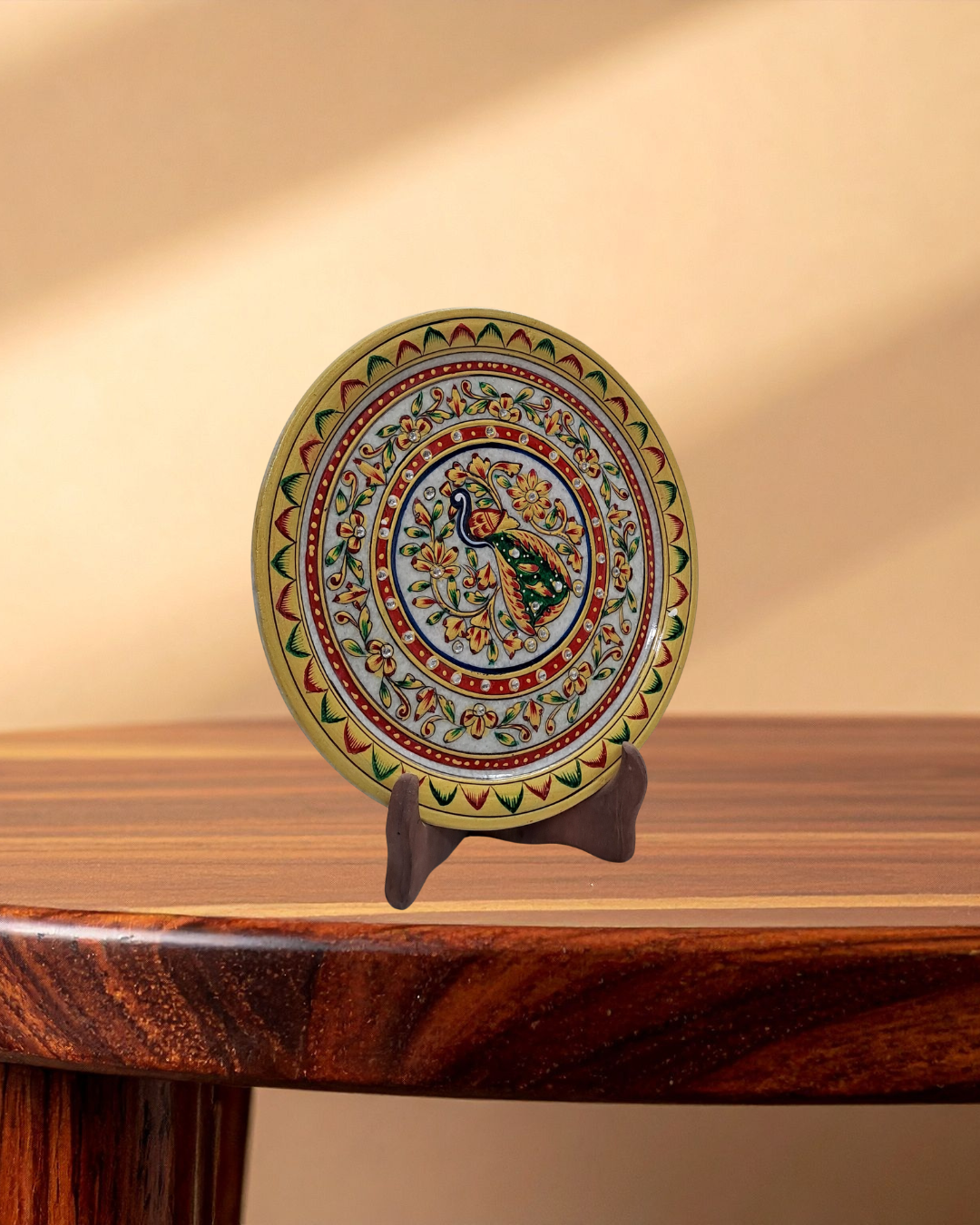 Rajasthani Duniyaa 9-Inch Decorative Marble Plate – Vibrant Peacock Medallion