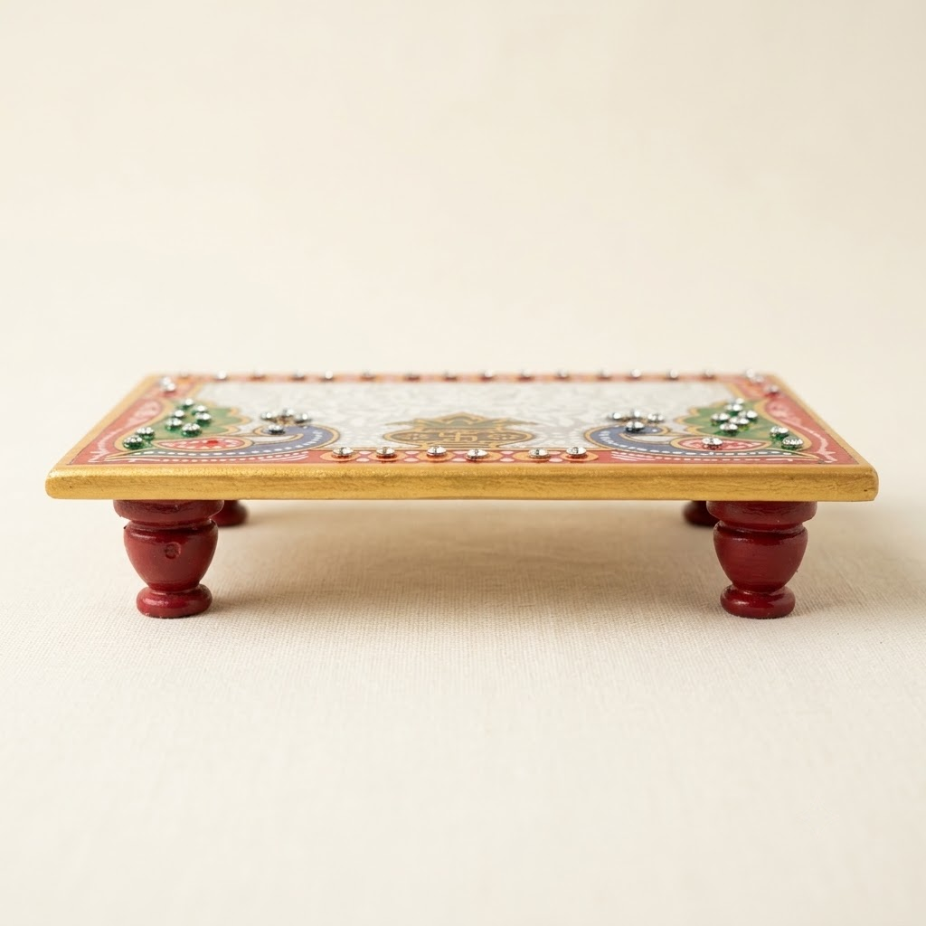 Handcrafted Makrana Marble Pooja Combo – 7" Kamdhenu Cow & Calf Idol, 6x4" Painted Chowki & Set of 4 Pedestal Stone Diyas