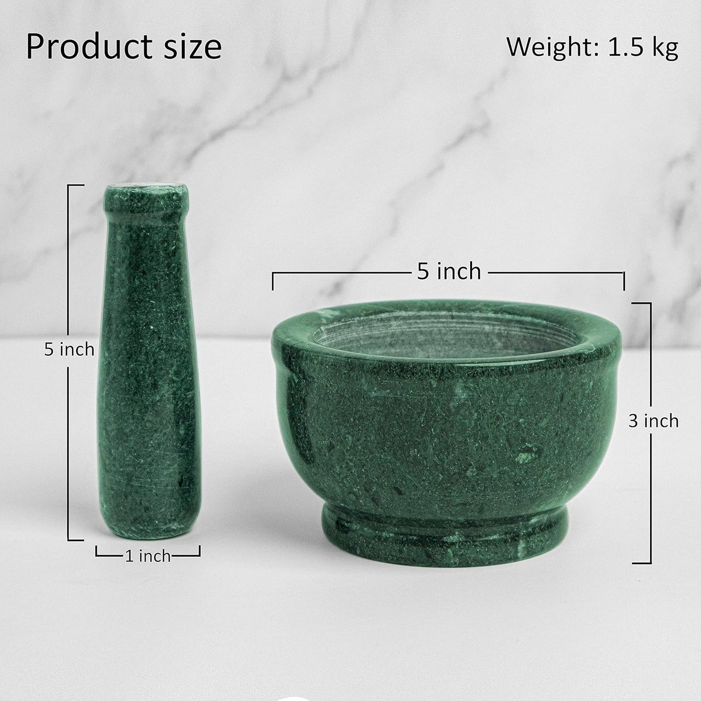 "Rajasthaniduniyaa Traditional Green Marble Mortar & Pestle Set (5-Inch Diameter, 3-Inch Height) – Handcrafted Makrana Marble | Kitchen Grinding & Ayurvedic Use"