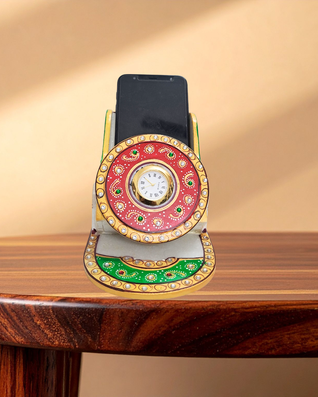 Rajasthani Duniyaa Handcrafted Marble Mobile Stand with Analog Clock