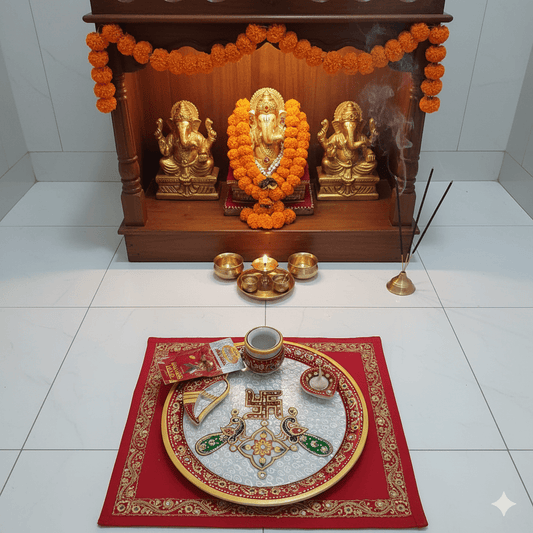 Intricate hand-painted Swastik and peacock artwork on a traditional Rajasthani marble pooja thali
