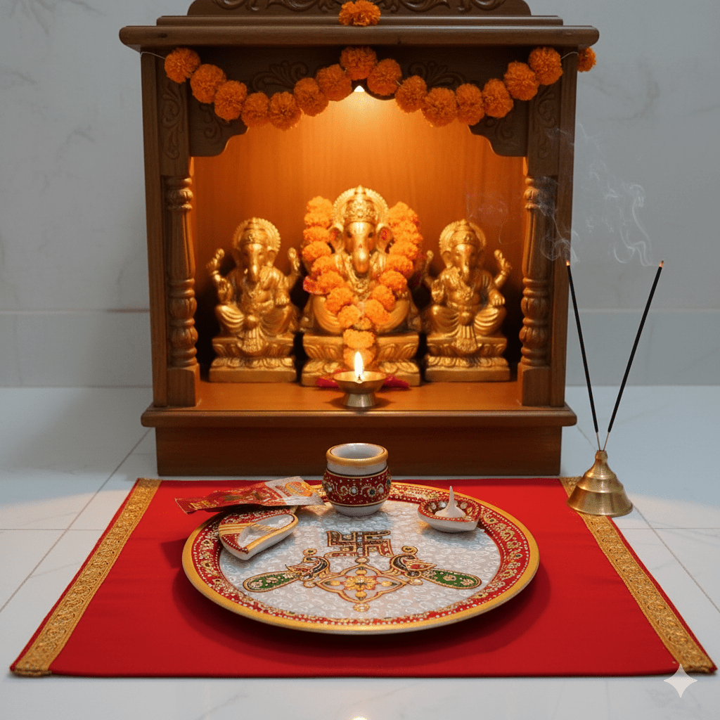 Traditional 9-inch marble pooja plate setup with red border for Diwali and daily home aarti