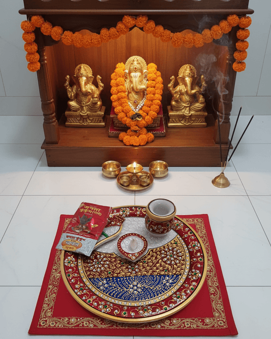 Intricate Meenakari enamel and Kundan stonework on a traditional Rajasthani marble pooja thali