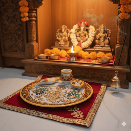Intricate hand-painted Lord Ganesha and peacock artwork on a traditional marble pooja thali