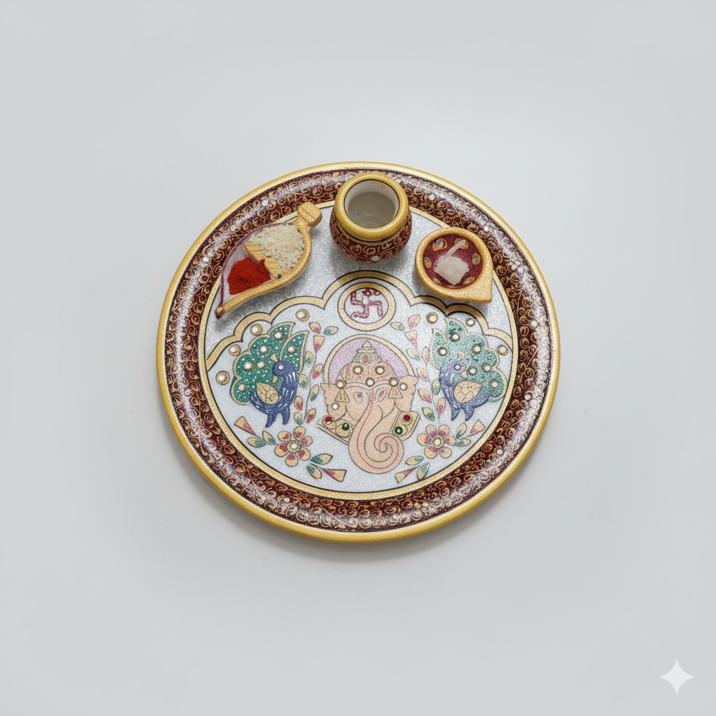9" Marble Pooja Thali – Handcrafted with Ganesh & Peacock Design | Rajasthani Duniyaa