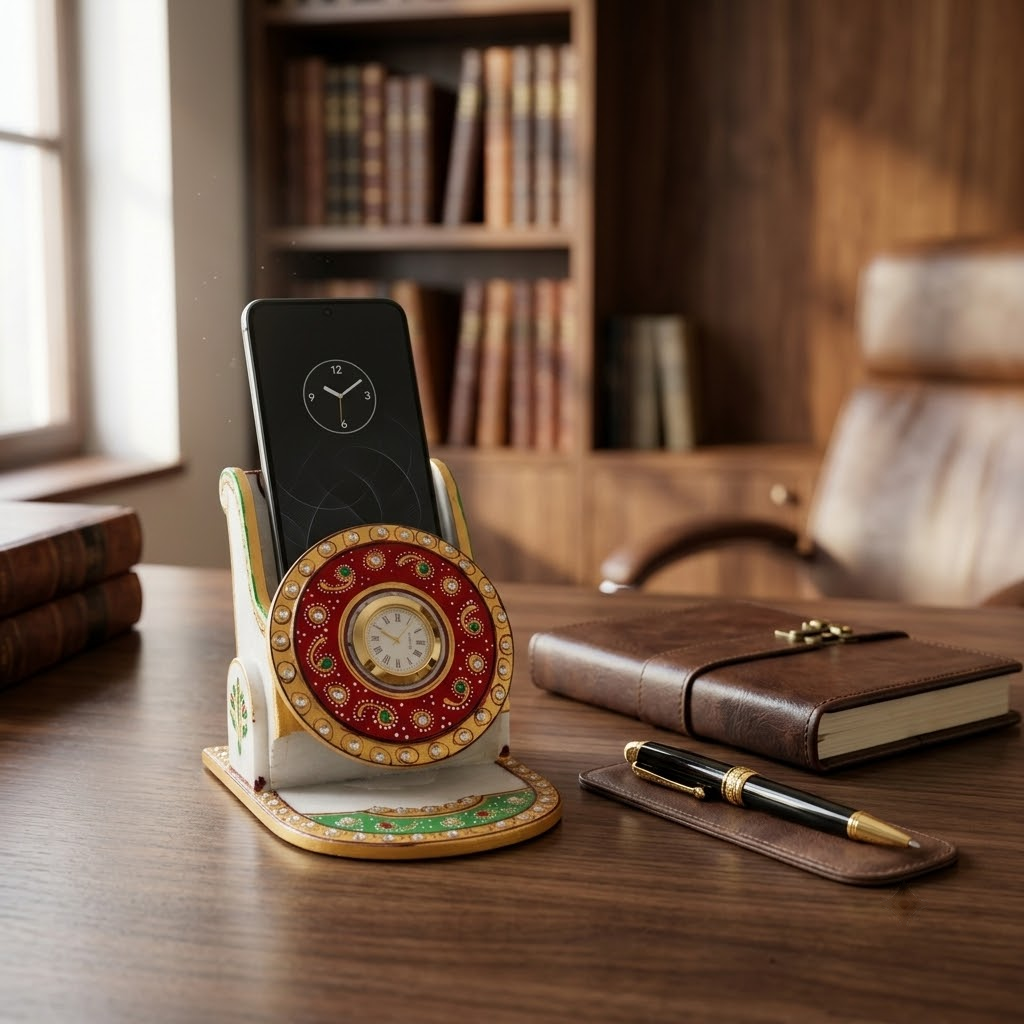 Handcrafted White Marble Smartphone Stand & Desk Organizer (Royal Peacock / Analog Clock)