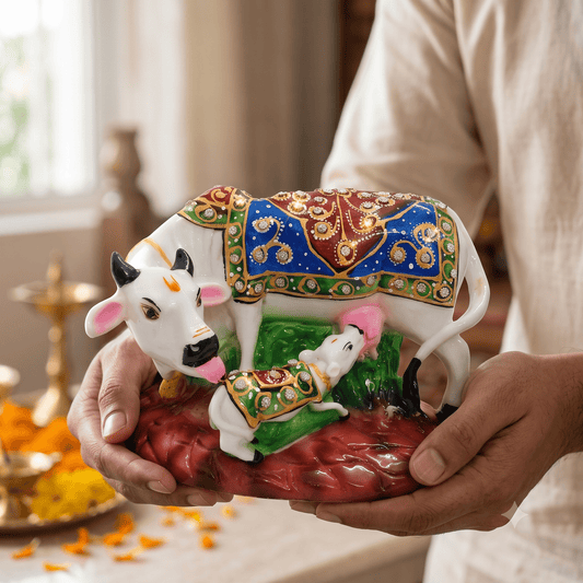 Handcrafted Royal Meenakari White Resin Kamdhenu Cow and Calf Idol with Multicolor Carpet Jhool & Kundan Work (7 Inch Width) – Sacred Gau Mata Murti for Mandir, Vastu Serenity, Living Room Decor & Griha Pravesh Gifting - Rajasthaniduniyaa