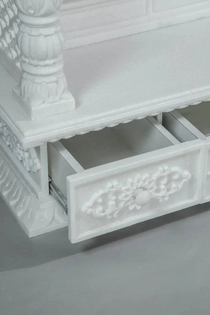 Grand Handcrafted White Marble Temple with Om Carving | Luxury Home Mandir | Marble Temple- Rajasthani duniyaa