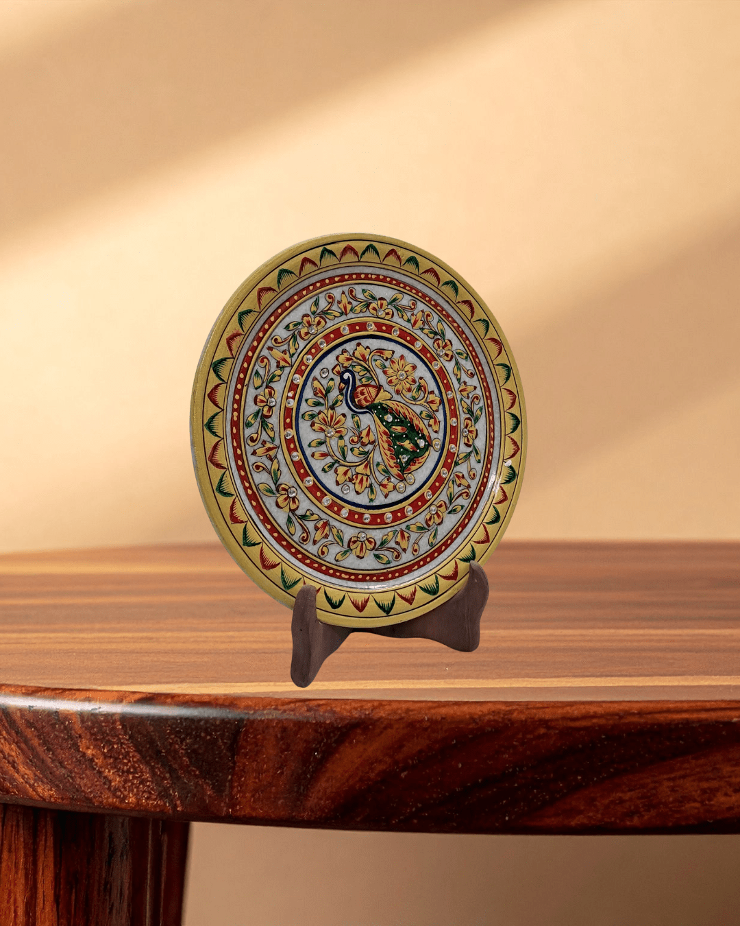 Handcrafted 9-inch decorative marble plate with vibrant peacock medallion design for home decor