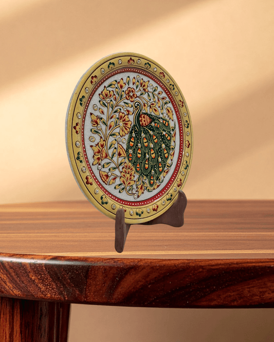 Handcrafted 9-inch designer marble plate with classic peacock heritage art for home decor