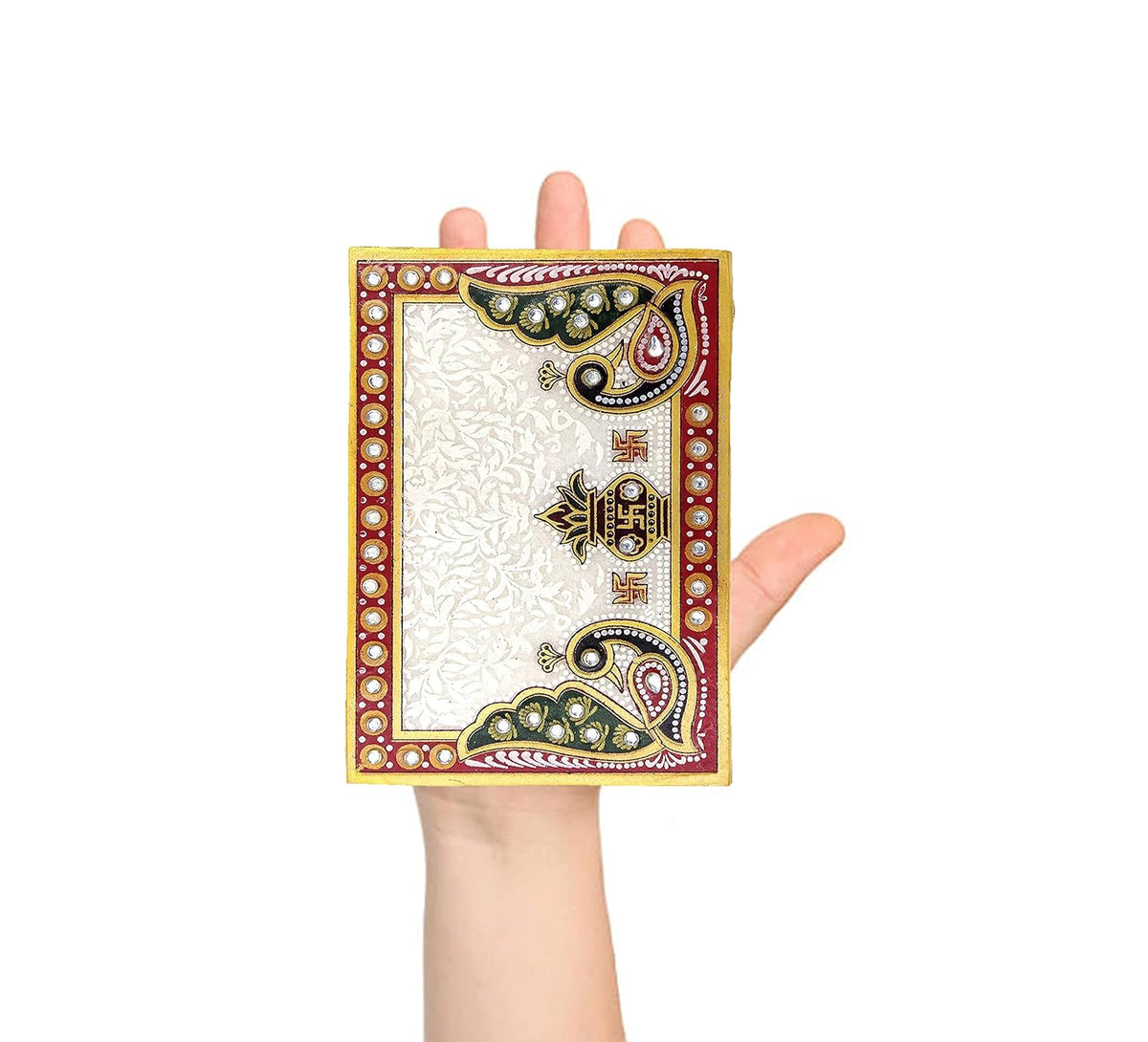 Handcrafted 6x4 inch rectangular Makrana marble pooja chowki bajot with kalash and peacock design
