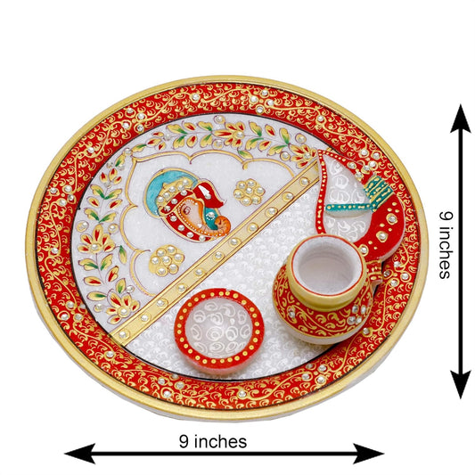 Handcrafted 9-inch marble pooja thali with multicolor Meenakari and Kundan design for home temple worship