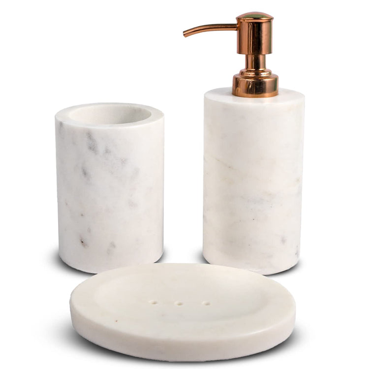 Handcrafted natural marble soap dispenser and bathroom accessory set on Rajasthani Duniyaa.