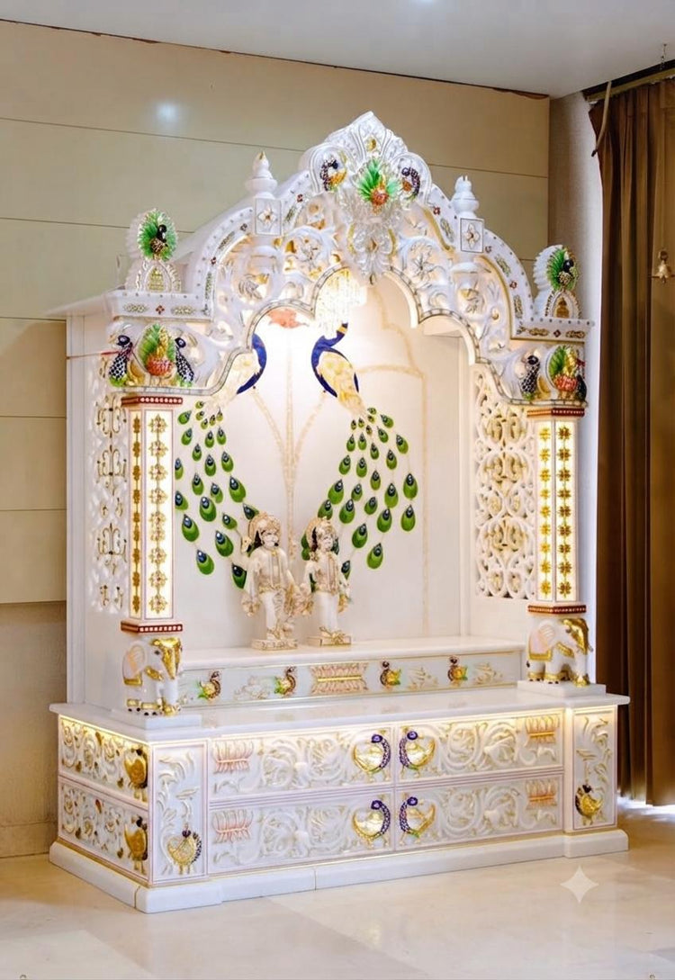 Handcrafted pure Makrana marble home temple with intricate carving and pillar design on Rajasthani Duniyaa.