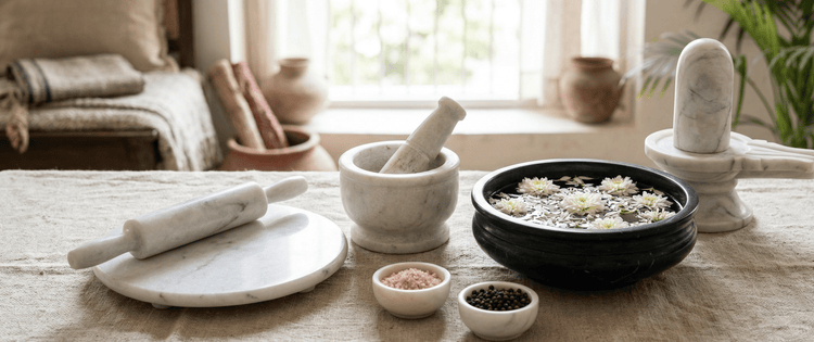 Handcrafted natural marble kitchen essential utility tools on Rajasthani Duniyaa.