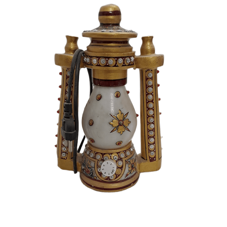 Handcrafted pierced royal marble lantern glowing with tea light on Rajasthani Duniyaa.