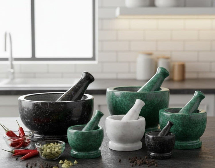 Handcrafted natural white marble mortar and pestle set (Imam Dasta) displayed for kitchen grinding on Rajasthani Duniyaa.