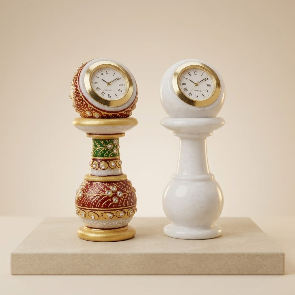 The Royal Khambha Pillar Timepiece: Hand-Carved Natural White Marble Pedestal Clock with Detachable Spherical Watch Head (Meenakari Gold Work / Pure White)ani Duniyaa Handcrafted Marble Pillar Watch – Classic Timepiece in Royal Style
