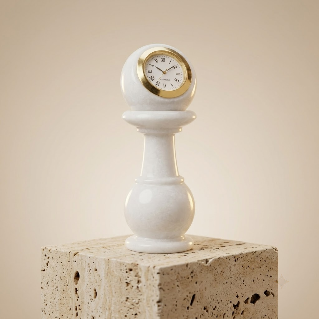 The Royal Khambha Pillar Timepiece: Hand-Carved Natural White Marble Pedestal Clock with Detachable Spherical Watch Head (Meenakari Gold Work / Pure White)ani Duniyaa Handcrafted Marble Pillar Watch – Classic Timepiece in Royal Style