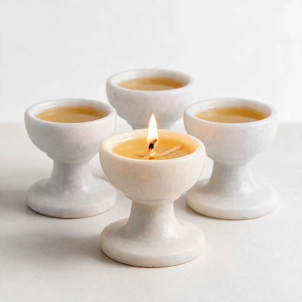 Handcrafted Authentic Makrana White Marble Pedestal Diya Set of 4 – Pure Stone Akhand Jyot Deepam Oil Lamps for Mandir Pooja, Festive Celebrations & Diwali Gifting (2x2 Inch)