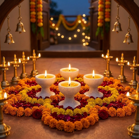 Handcrafted Authentic Makrana White Marble Pedestal Diya Set of 4 – Pure Stone Akhand Jyot Deepam Oil Lamps for Mandir Pooja, Festive Celebrations & Diwali Gifting (2x2 Inch)