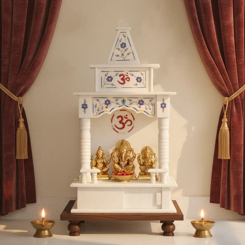 Front view of handcrafted 18-inch white marble temple with blue inlay by Rajasthani Duniyaa