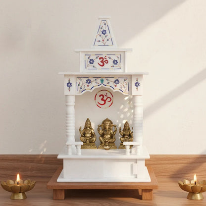 Inner sanctum view of traditional 18-inch blue inlay marble mandir