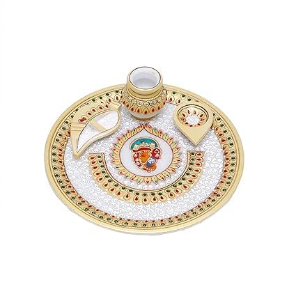 RajasthaniDuniyaa 9-Inch Designer Decorative Marble Pooja Thali – Handcrafted Round Puja Plate with Golden Meenakari Work, Diya, Chopra & Kalash (Multicolor)