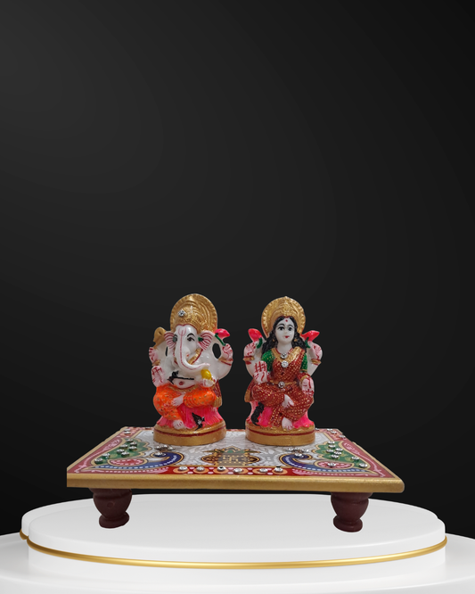 Rajasthani Duniyaa Laxmi Ganesh Murti on 6x4 Inch Marble Chowki
