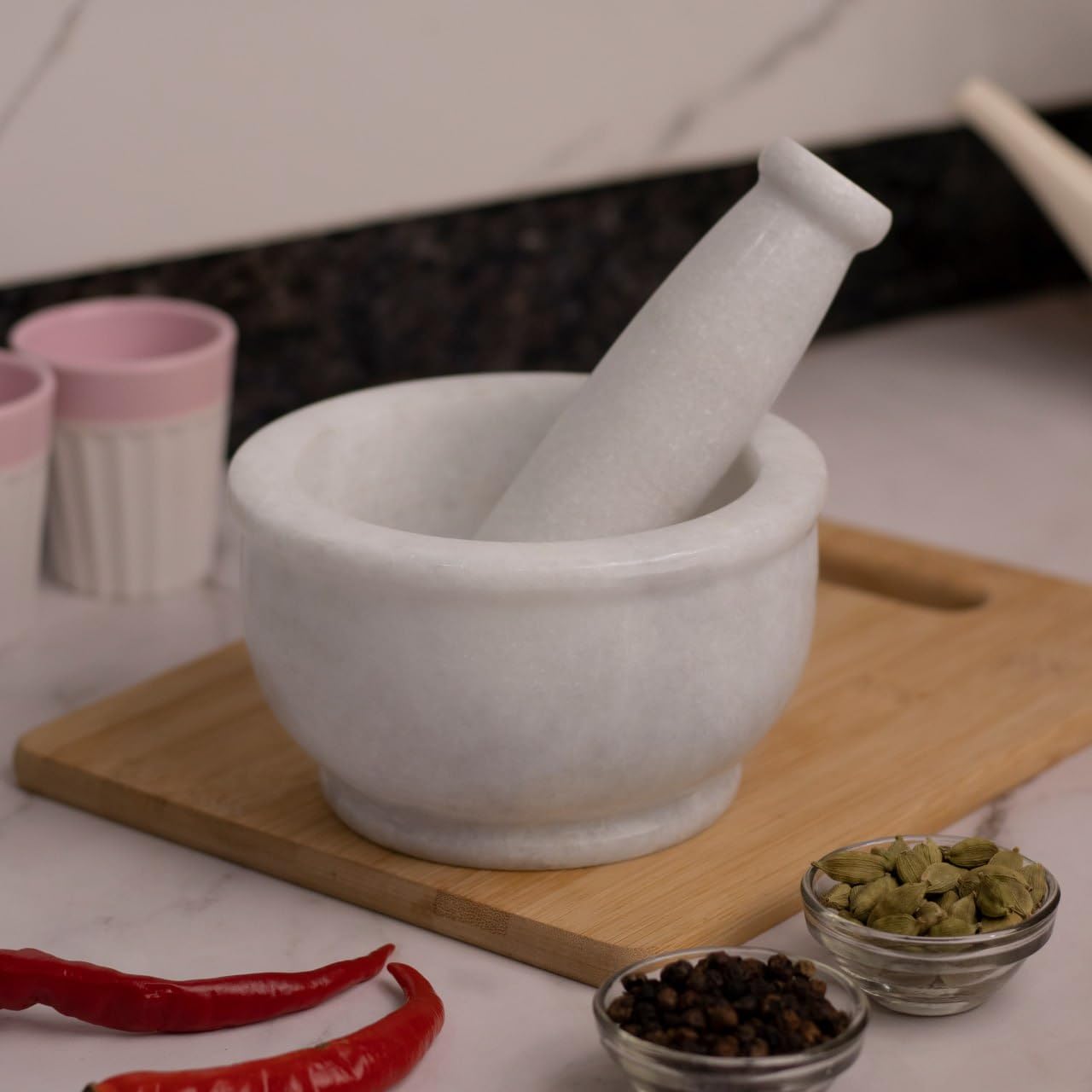 Rajasthaniduniyaa Marble Mortar and Pestle | Imam Dasta, Kundi, Kharal, Okhli, khalbatta (White 5 Inches)