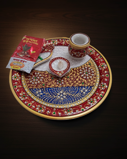 9" Handcrafted Marble Pooja Thali – Royal Mandala Design | Rajasthani Meenakari & Kundan Work