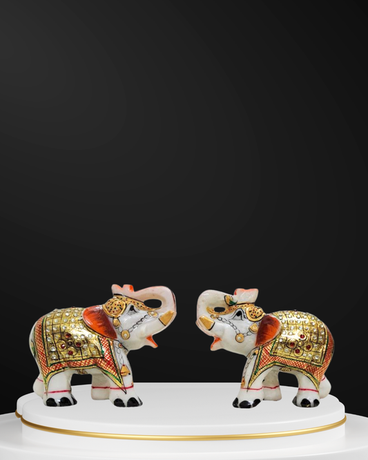 Rajasthani Duniyaa Handcrafted Marble Elephant Pair – Decorative Figurines with Stone & Gold Work