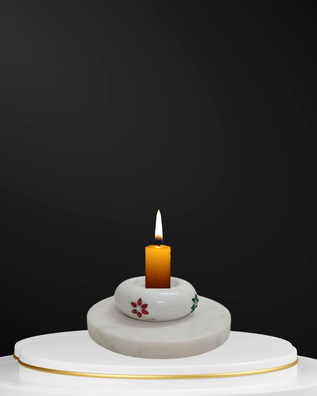 Marble Candle Stand Set | 5" Plate + 3" Dibbi | Gemstone Studded | Handcrafted