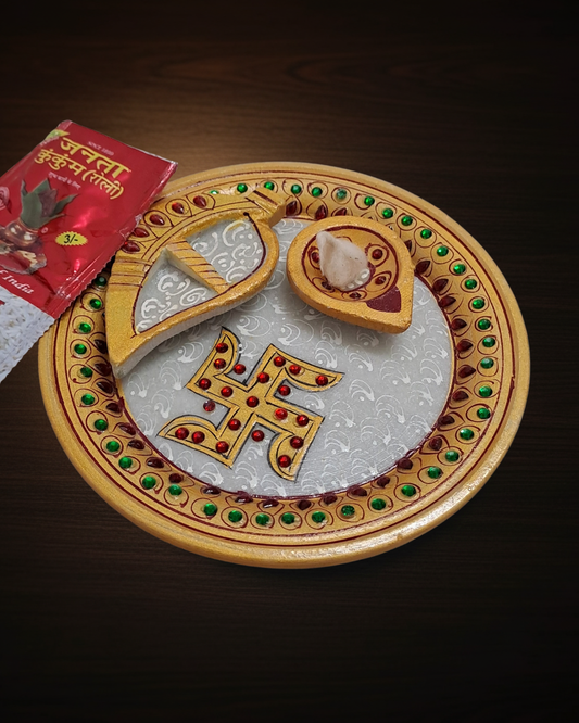 6" Handcrafted Marble Pooja Plate | Swastik Design with Meenakari & Kundan Work
