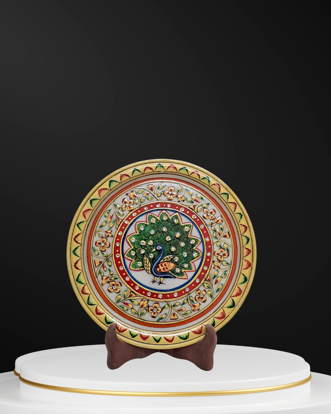 Rajasthani Duniyaa 9-Inch Handcrafted Marble Plate – Royal Peacock Glory