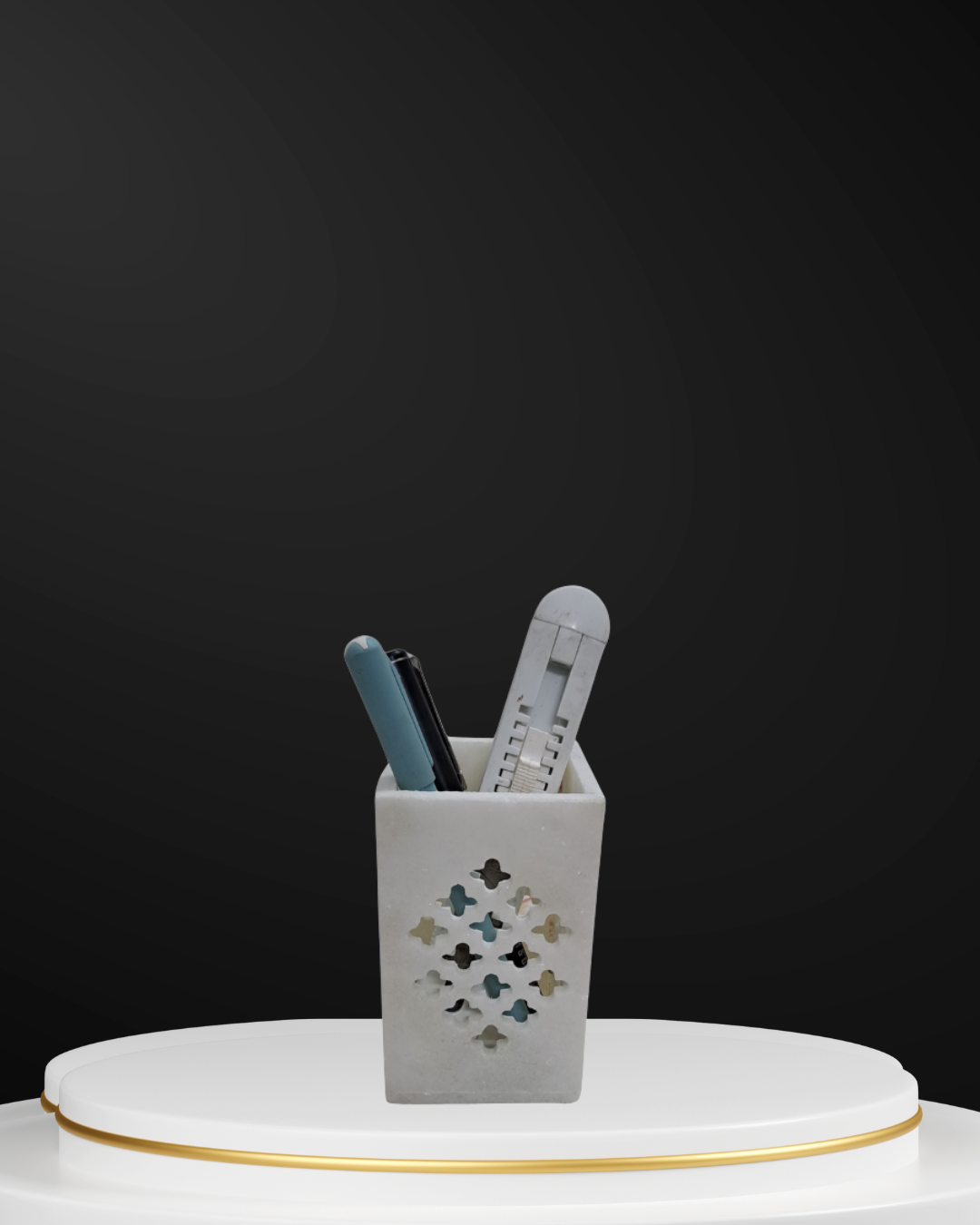 Rajasthani Duniyaa Handcrafted White Marble Pen Stand – Jali Design Desk Organizer