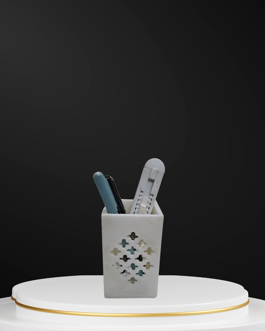 Rajasthani Duniyaa Handcrafted White Marble Pen Stand – Jali Design Desk Organizer