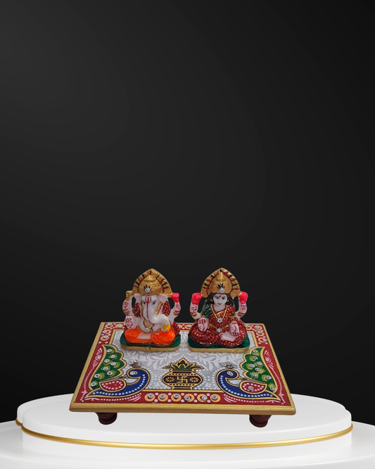 Rajasthani Duniyaa Laxmi Ganesh Resin Murti on 6x4 Inch Marble Chowk