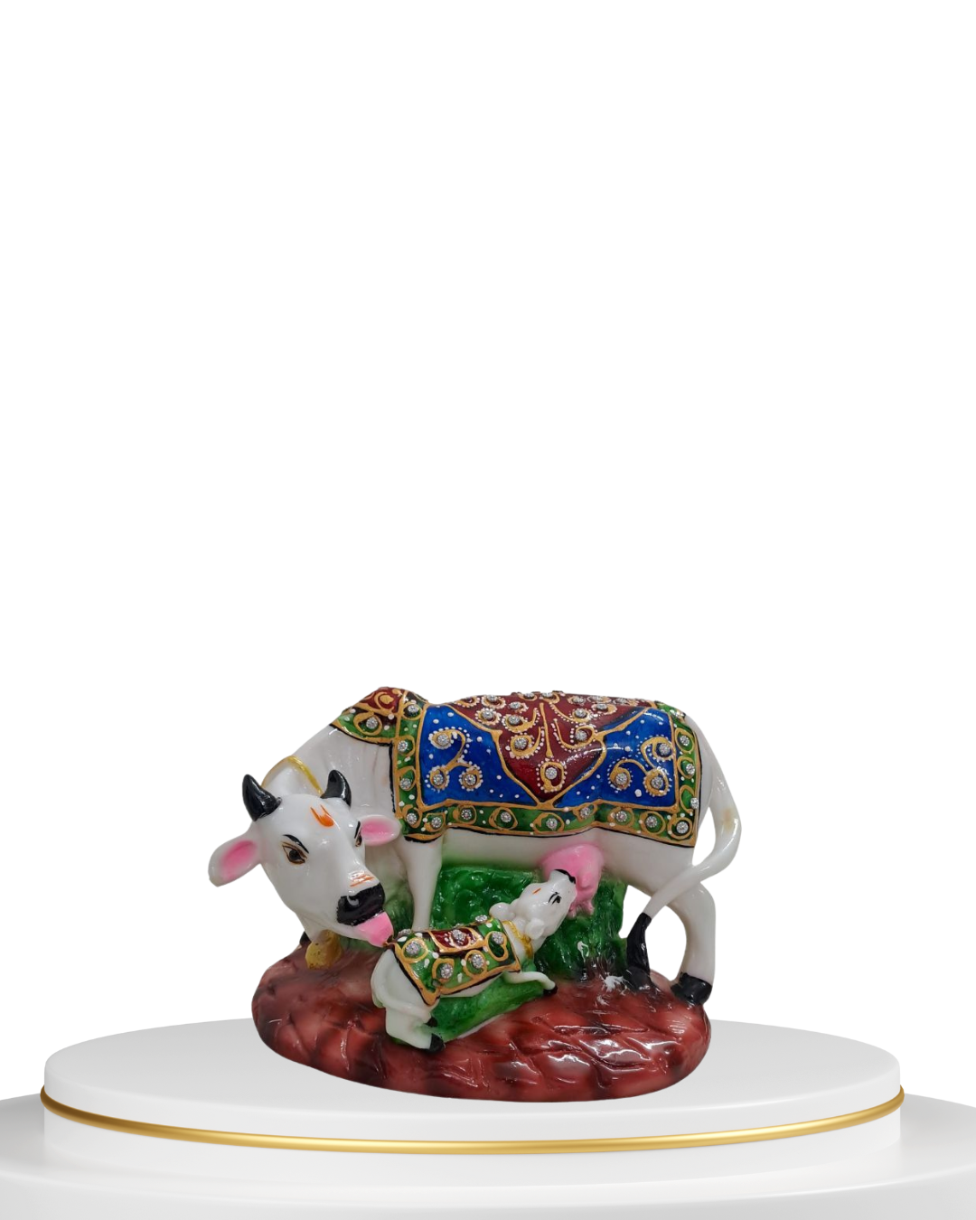7" White Resin Kamdhenu Cow & Calf Idol with Decorative Carpet | Elegant Pooja Décor