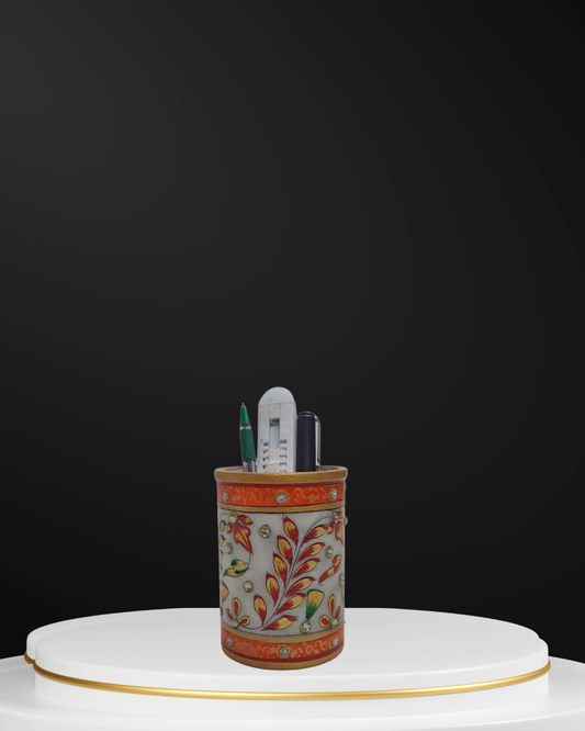 Hand-Painted Marble Pen Stand – Floral Design by Rajasthani Duniyaa