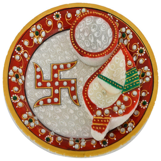 RajasthaniDuniyaa Handmade Jaipur Meenakari Marble Pooja Thali Set – 6-Inch Round Multicolor Plate with Intricate Kundan & Gold Leaf Work