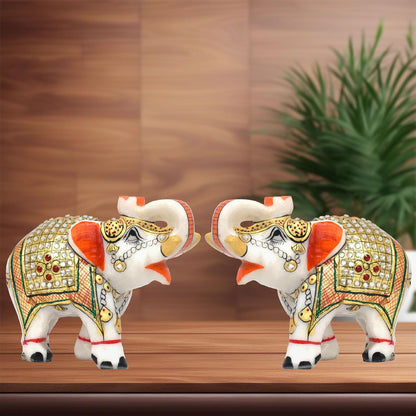 Rajasthaniduniyaa Handcrafted White Marble Elephant Pair – Set of 2 | 5 Inch Decorative Showpieces