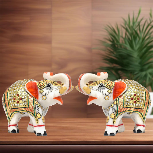 Rajasthaniduniyaa Handcrafted White Marble Elephant Pair – Set of 2 | 5 Inch Decorative Showpieces