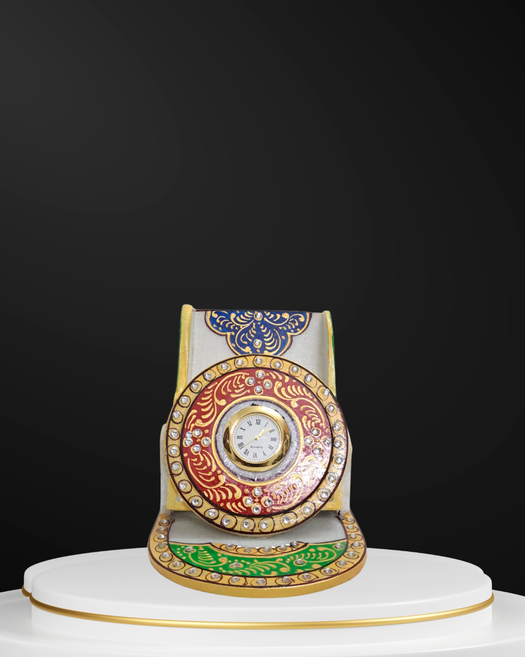 Rajasthani Duniyaa Handcrafted Marble Mobile Stand with Analog Clock