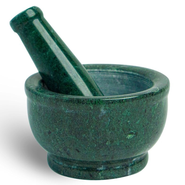 "Rajasthaniduniyaa Traditional Green Marble Mortar & Pestle Set (5-Inch Diameter, 3-Inch Height) – Handcrafted Makrana Marble | Kitchen Grinding & Ayurvedic Use"